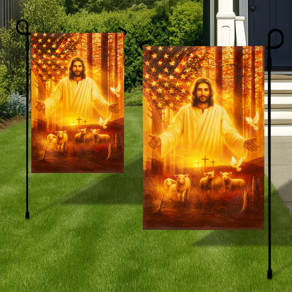 Christian American Flag - Jesus with Lambs and Crosses in Patriotic Forest Sunrise Scene-W080725-12-mk3
