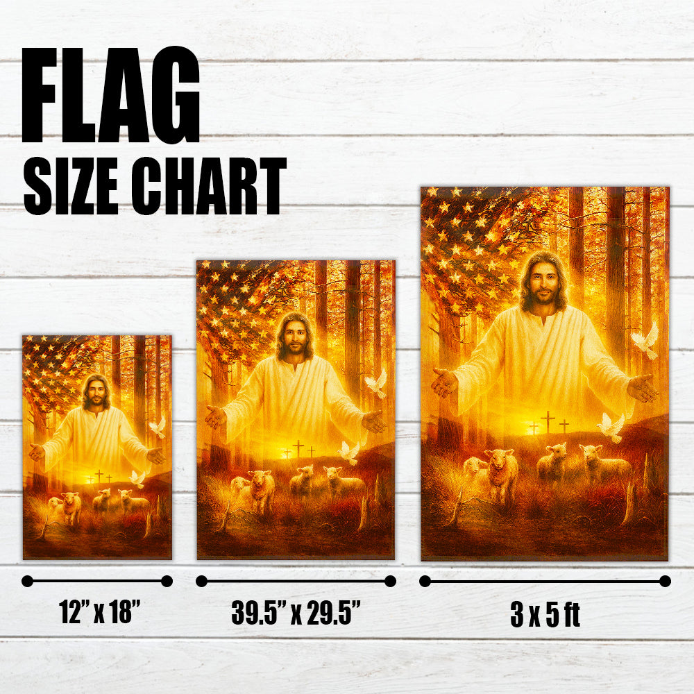 Christian American Flag - Jesus with Lambs and Crosses in Patriotic Forest Sunrise Scene-W080725-12-mk4