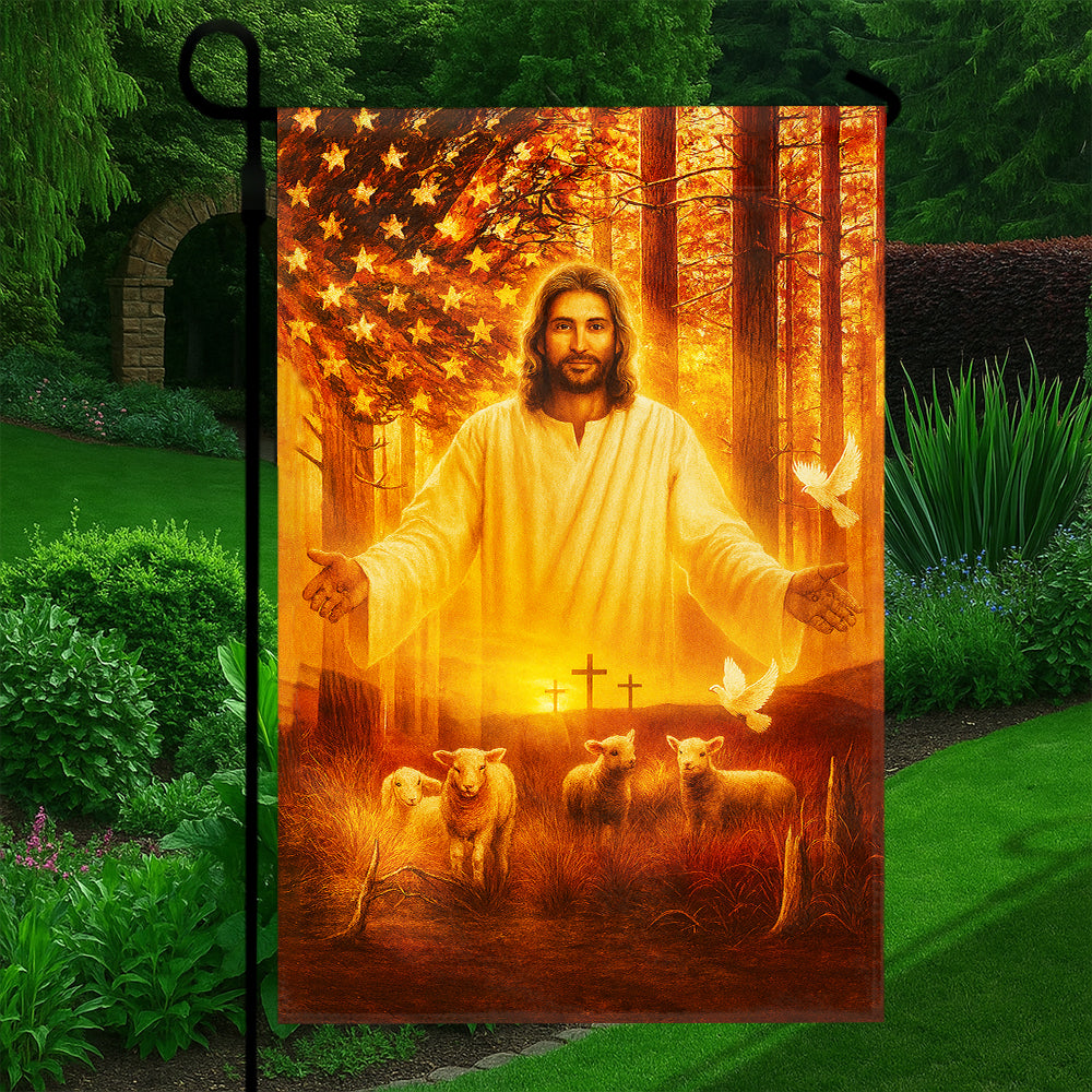 Christian American Flag - Jesus with Lambs and Crosses in Patriotic Forest Sunrise Scene-W080725-12-mk5