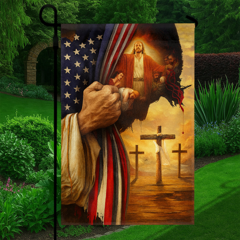 Christian American Flag – Faith and Freedom Tribute with Jesus, Crosses, and Patriotic Imagery-W080725-1-mk5