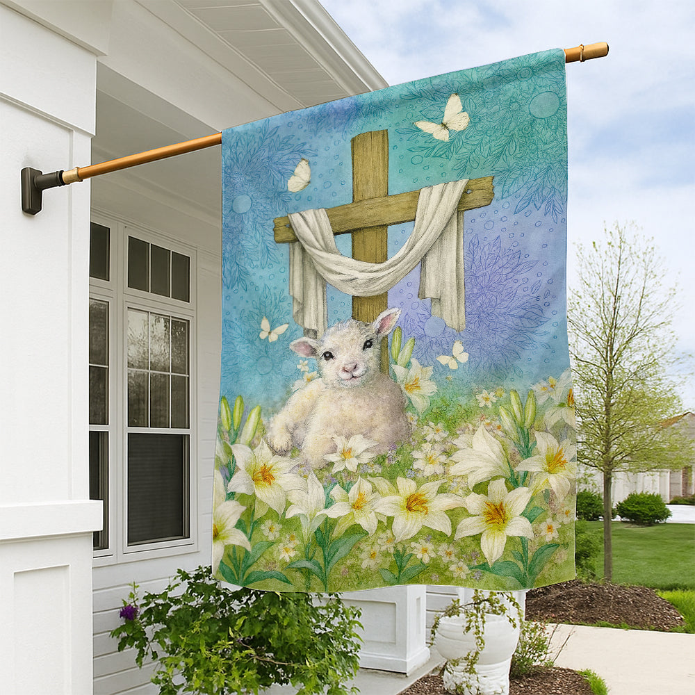 Christian Easter Flag - Lamb of God with Cross, Lilies, and Butterflies Spring Garden Banner-W080725-7-mk1