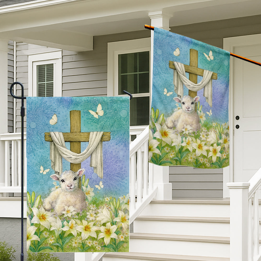 Christian Easter Flag - Lamb of God with Cross, Lilies, and Butterflies Spring Garden Banner-W080725-7-mk2