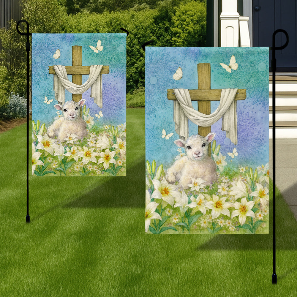 Christian Easter Flag - Lamb of God with Cross, Lilies, and Butterflies Spring Garden Banner-W080725-7-mk3