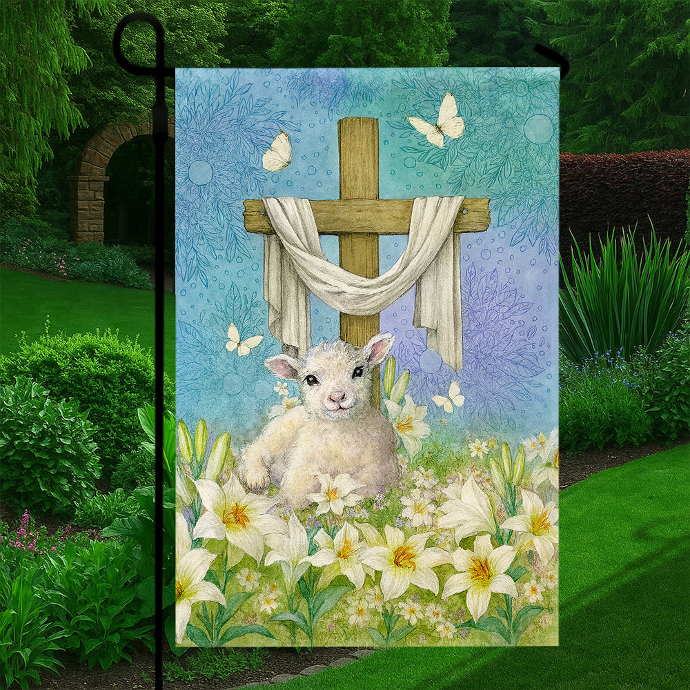 Christian Easter Flag - Lamb of God with Cross, Lilies, and Butterflies Spring Garden Banner-W080725-7-mk5