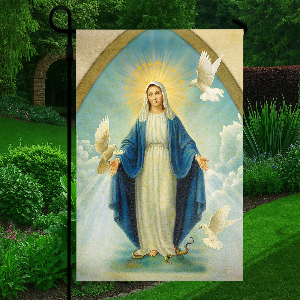 Christian Faith Flag - Virgin Mary with Doves and Halo in Heavenly Scene-W080725-8-mk5