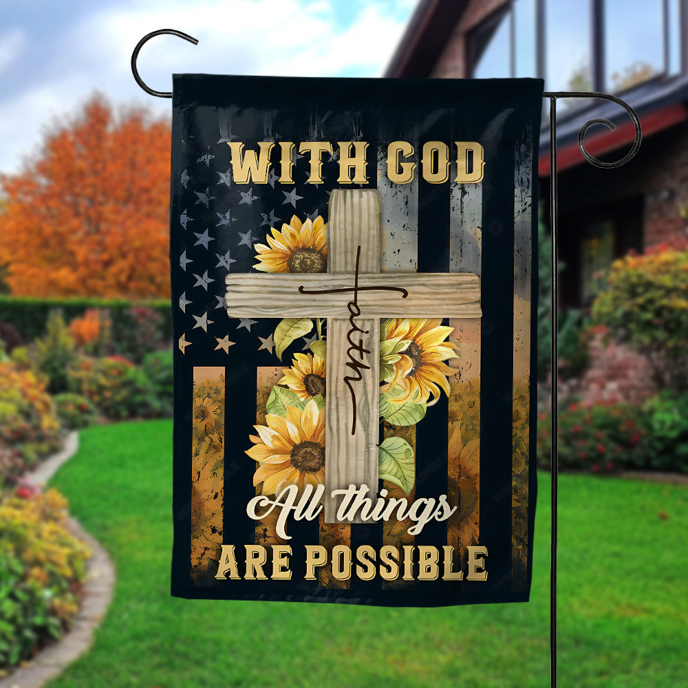 Christian Flag - Cross Symbol, Sunflower Frame, US Flag, With God All Things Are Possible-W070725-2-mk5