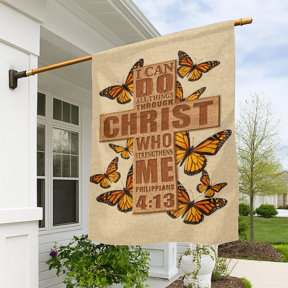 Christian Garden Flag – Philippians 4:13 Scripture with Wooden Cross and Monarch Butterflies-W080725-2-mk1