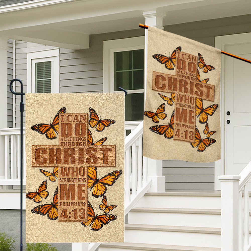 Christian Garden Flag – Philippians 4:13 Scripture with Wooden Cross and Monarch Butterflies-W080725-2-mk2