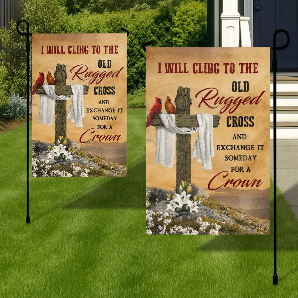 Christian Hymn Flag - I Will Cling to the Old Rugged Cross with Cardinals and Lily Flowers-W090725-4-mk3