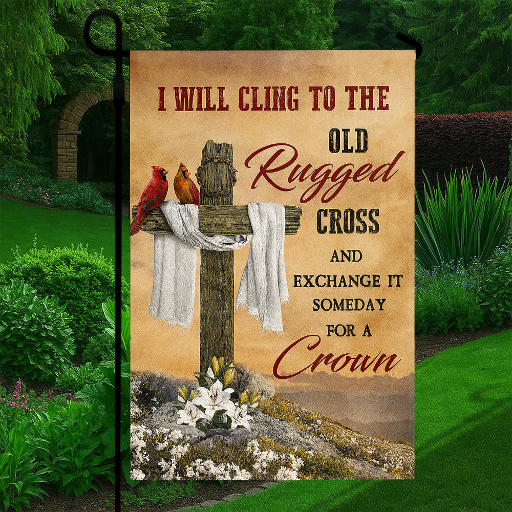 Christian Hymn Flag - I Will Cling to the Old Rugged Cross with Cardinals and Lily Flowers-W090725-4-mk5