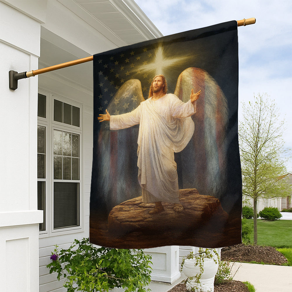 Christian Patriotic Flag - Glorified Jesus with American Flag Angel Wings and Radiant Cross-W090725-8-mk1