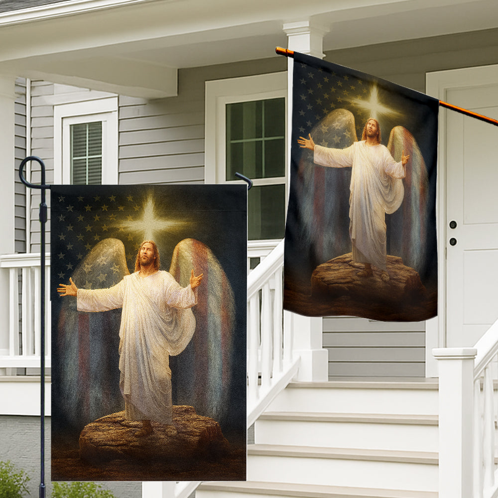 Christian Patriotic Flag - Glorified Jesus with American Flag Angel Wings and Radiant Cross-W090725-8-mk2