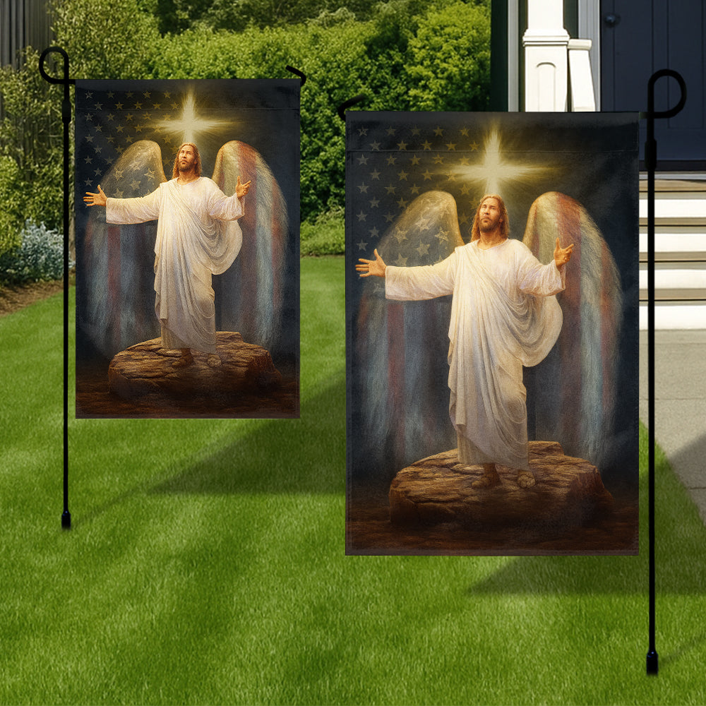 Christian Patriotic Flag - Glorified Jesus with American Flag Angel Wings and Radiant Cross-W090725-8-mk3