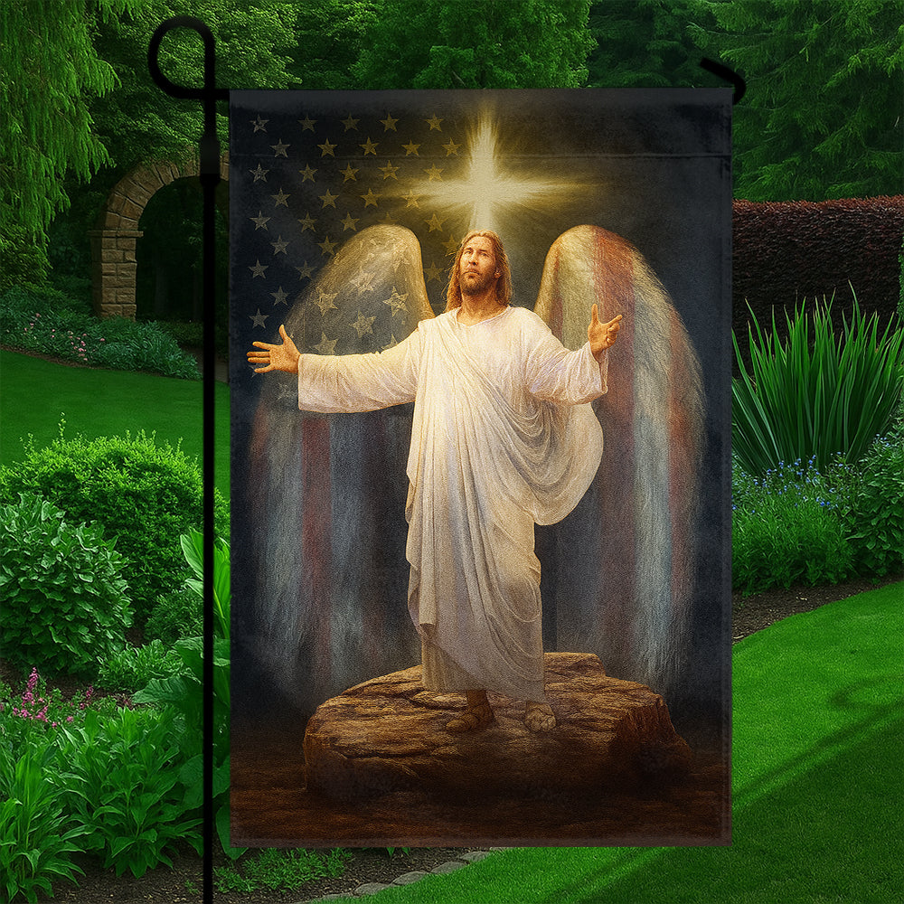 Christian Patriotic Flag - Glorified Jesus with American Flag Angel Wings and Radiant Cross-W090725-8-mk5