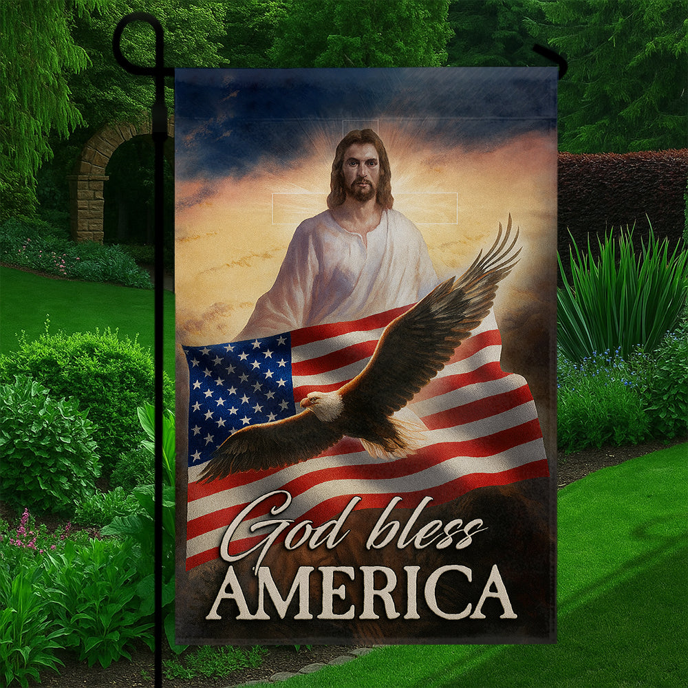 Christian Patriotic Flag - God Bless America with Jesus, Bald Eagle, and American Flag-W090725-10-mk5