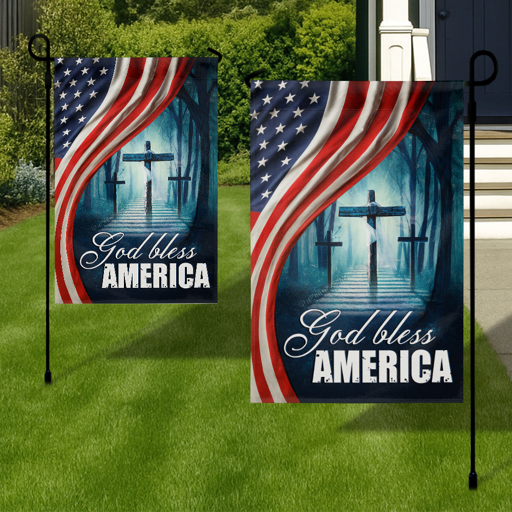 Christian Patriotic Flag - God Bless America with Three Crosses and Stars-W100725-4-mk3