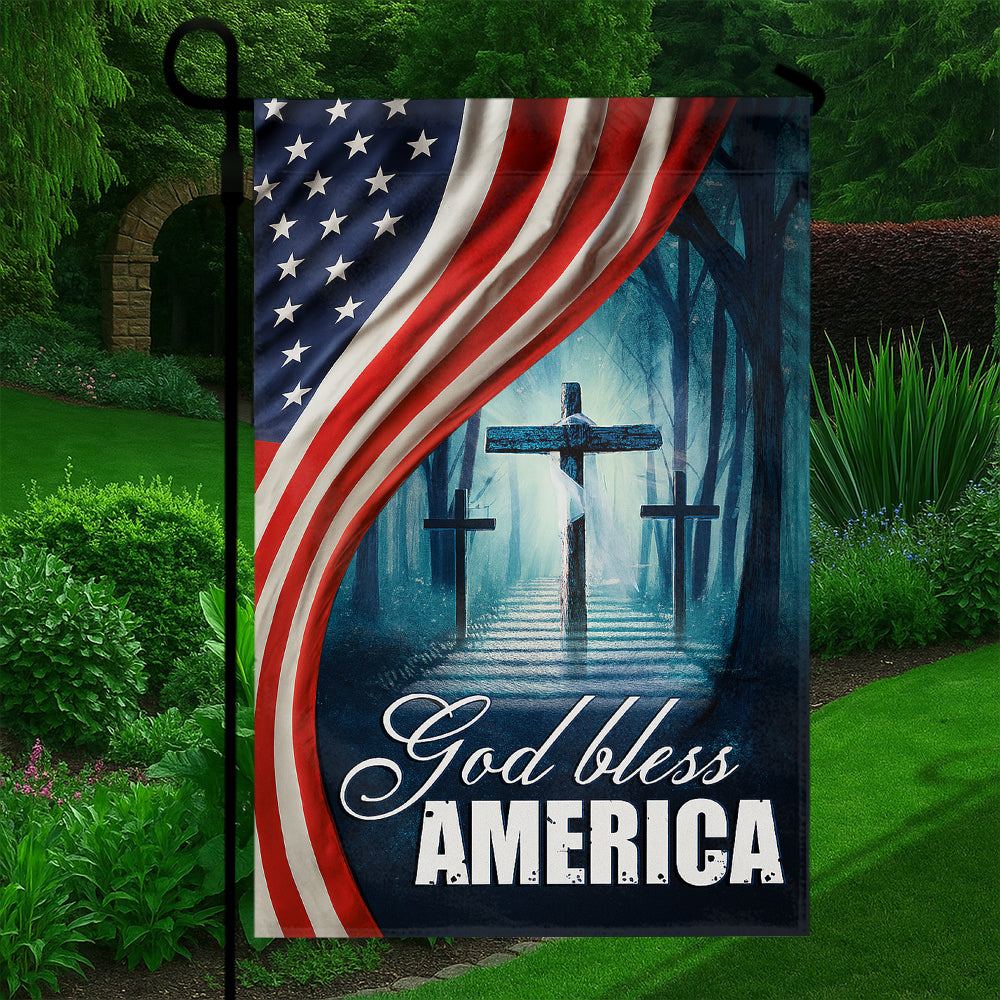 Christian Patriotic Flag - God Bless America with Three Crosses and Stars-W100725-4-mk5