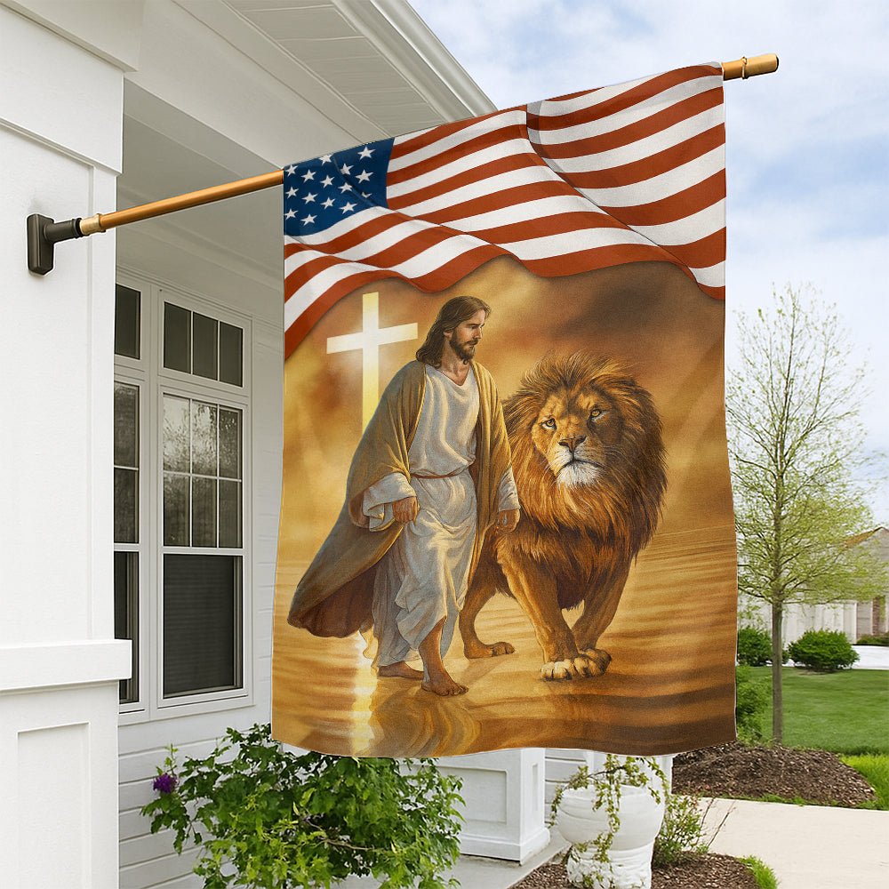 Christian Patriotic Flag - Jesus Walking with Lion Under American Flag and Glowing Cross-W090725-6-mk1