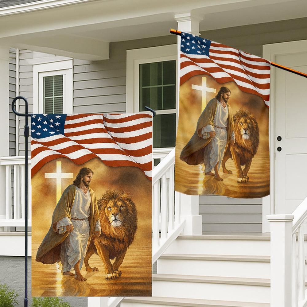 Christian Patriotic Flag - Jesus Walking with Lion Under American Flag and Glowing Cross-W090725-6-mk2