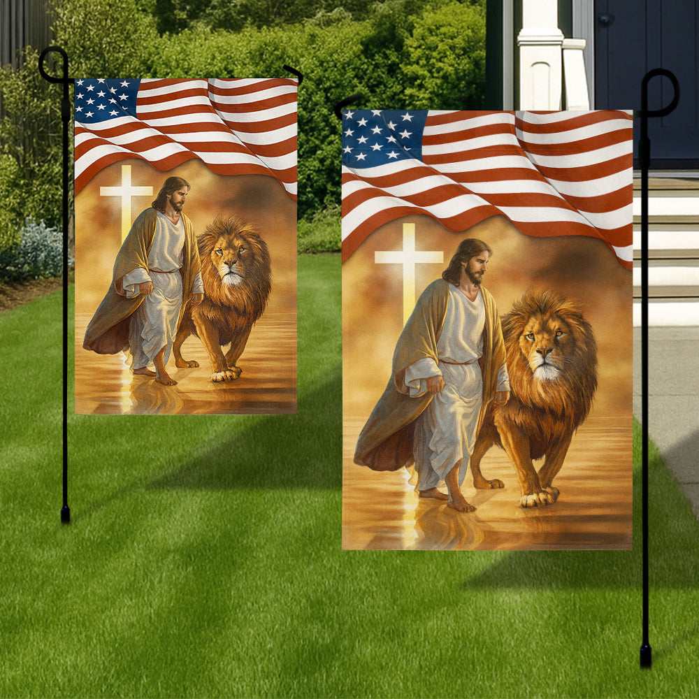 Christian Patriotic Flag - Jesus Walking with Lion Under American Flag and Glowing Cross-W090725-6-mk3