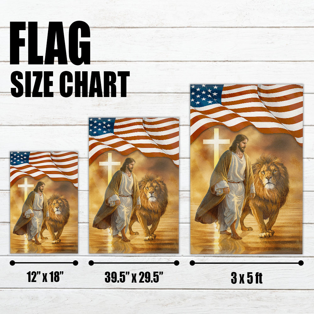 Christian Patriotic Flag - Jesus Walking with Lion Under American Flag and Glowing Cross-W090725-6-mk4