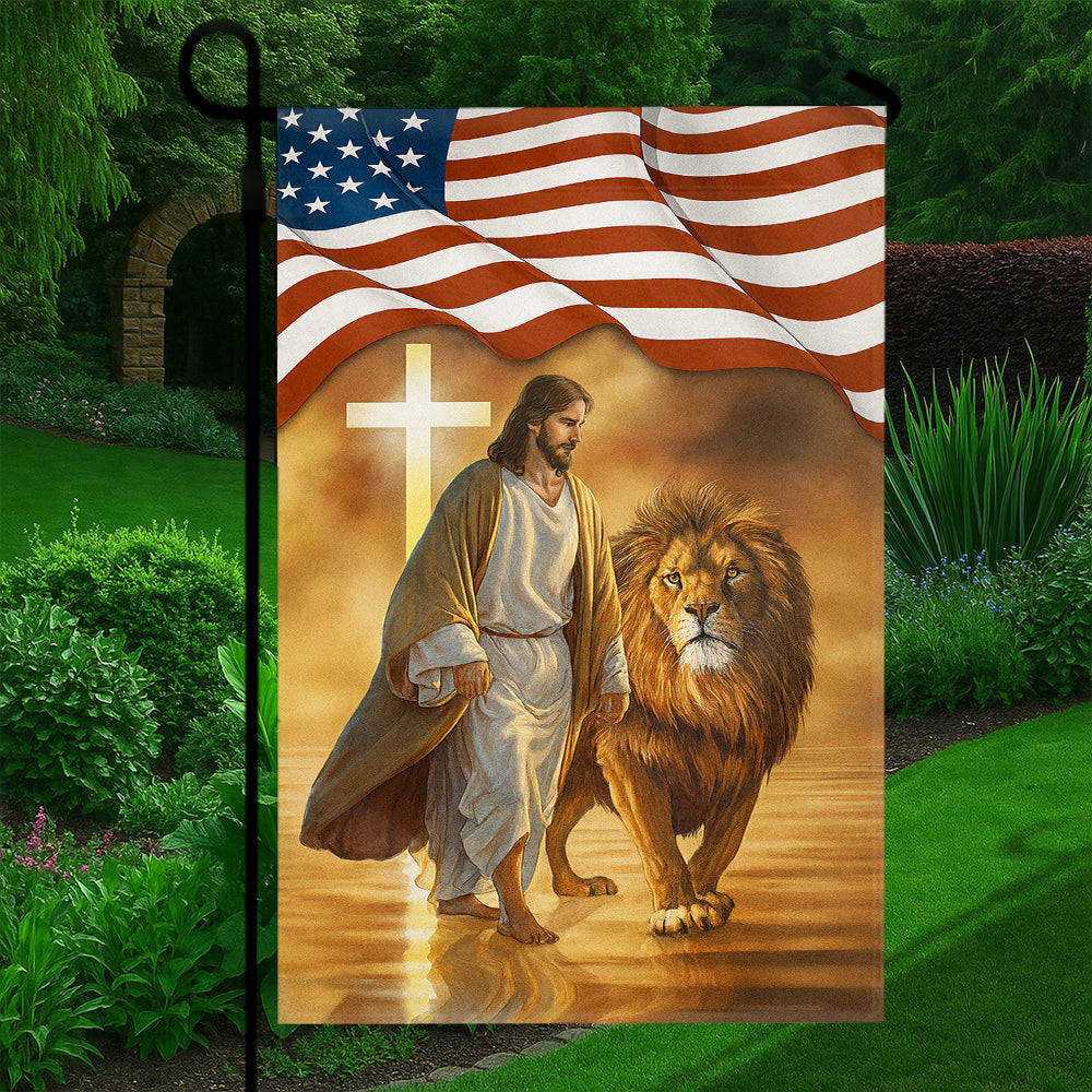 Christian Patriotic Flag - Jesus Walking with Lion Under American Flag and Glowing Cross-W090725-6-mk5