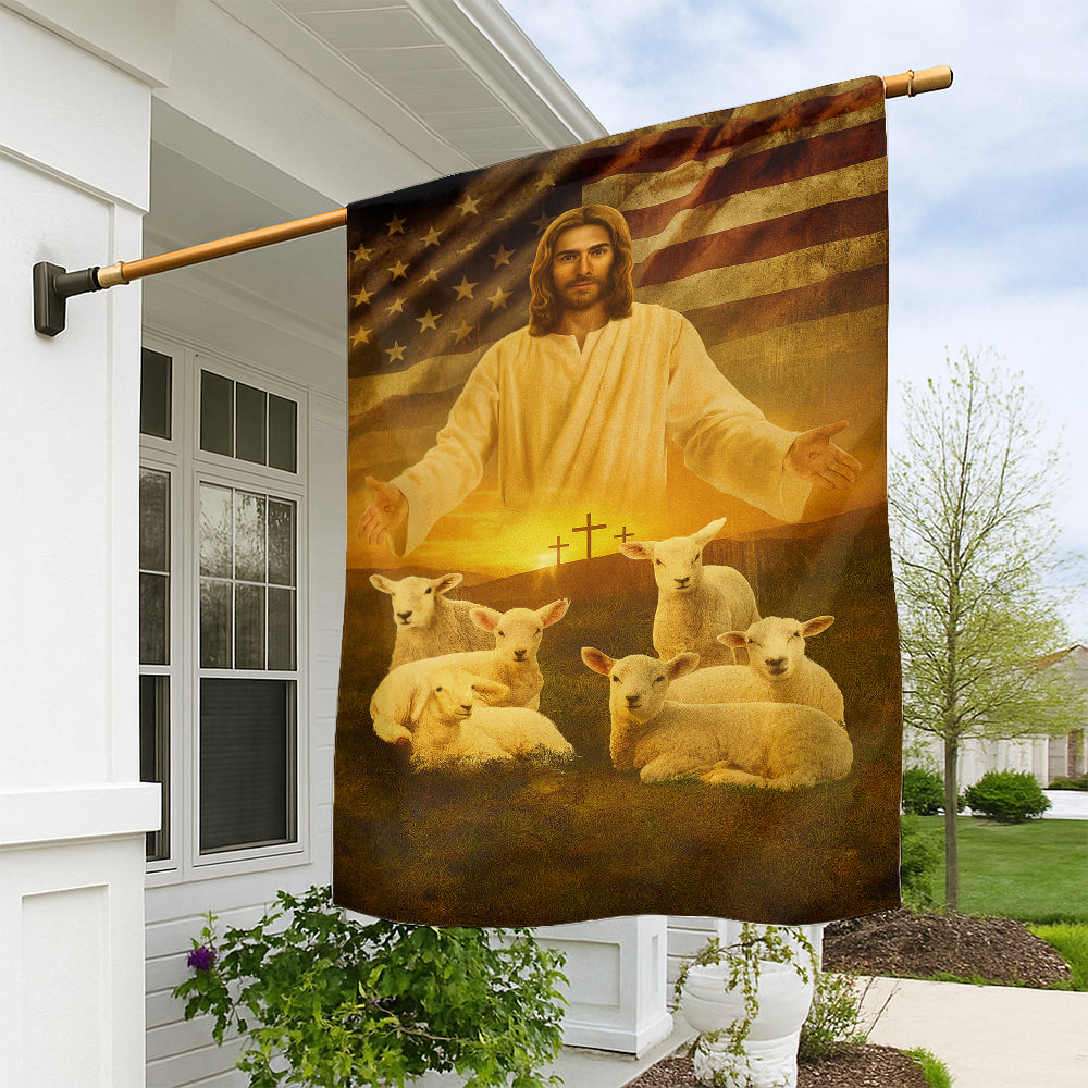 Christian Patriotic Flag - Jesus the Good Shepherd with Lambs, Crosses, and American Flag-W090725-7-mk1