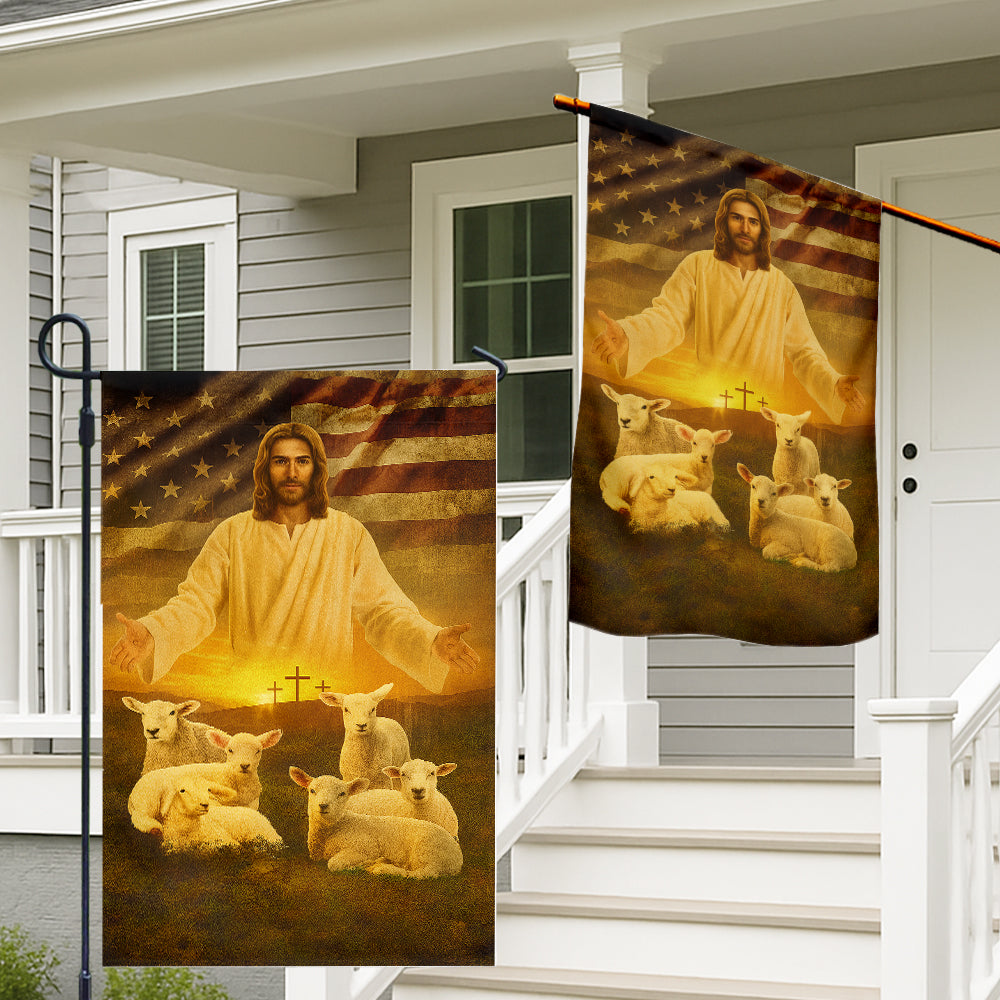 Christian Patriotic Flag - Jesus the Good Shepherd with Lambs, Crosses, and American Flag-W090725-7-mk2