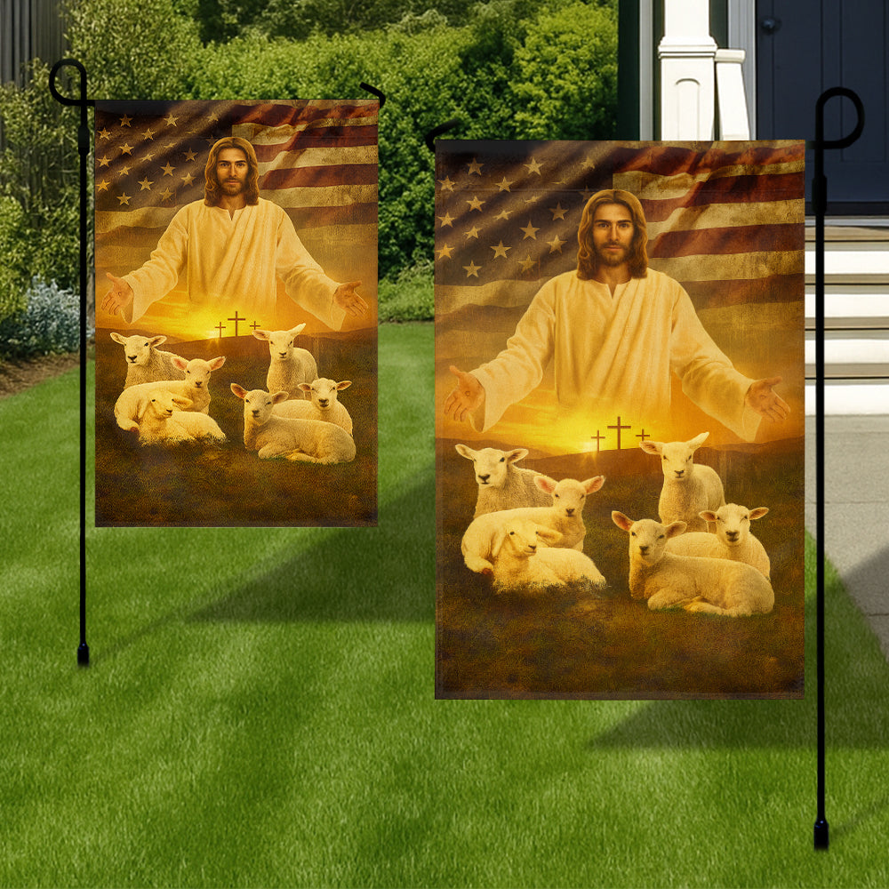 Christian Patriotic Flag - Jesus the Good Shepherd with Lambs, Crosses, and American Flag-W090725-7-mk3