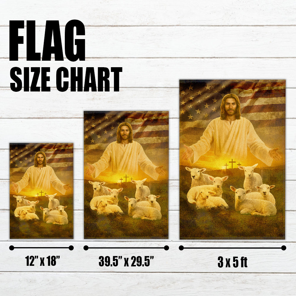 Christian Patriotic Flag - Jesus the Good Shepherd with Lambs, Crosses, and American Flag-W090725-7-mk4