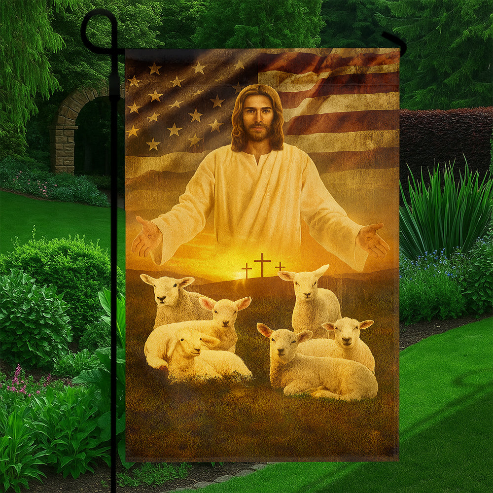 Christian Patriotic Flag - Jesus the Good Shepherd with Lambs, Crosses, and American Flag-W090725-7-mk5
