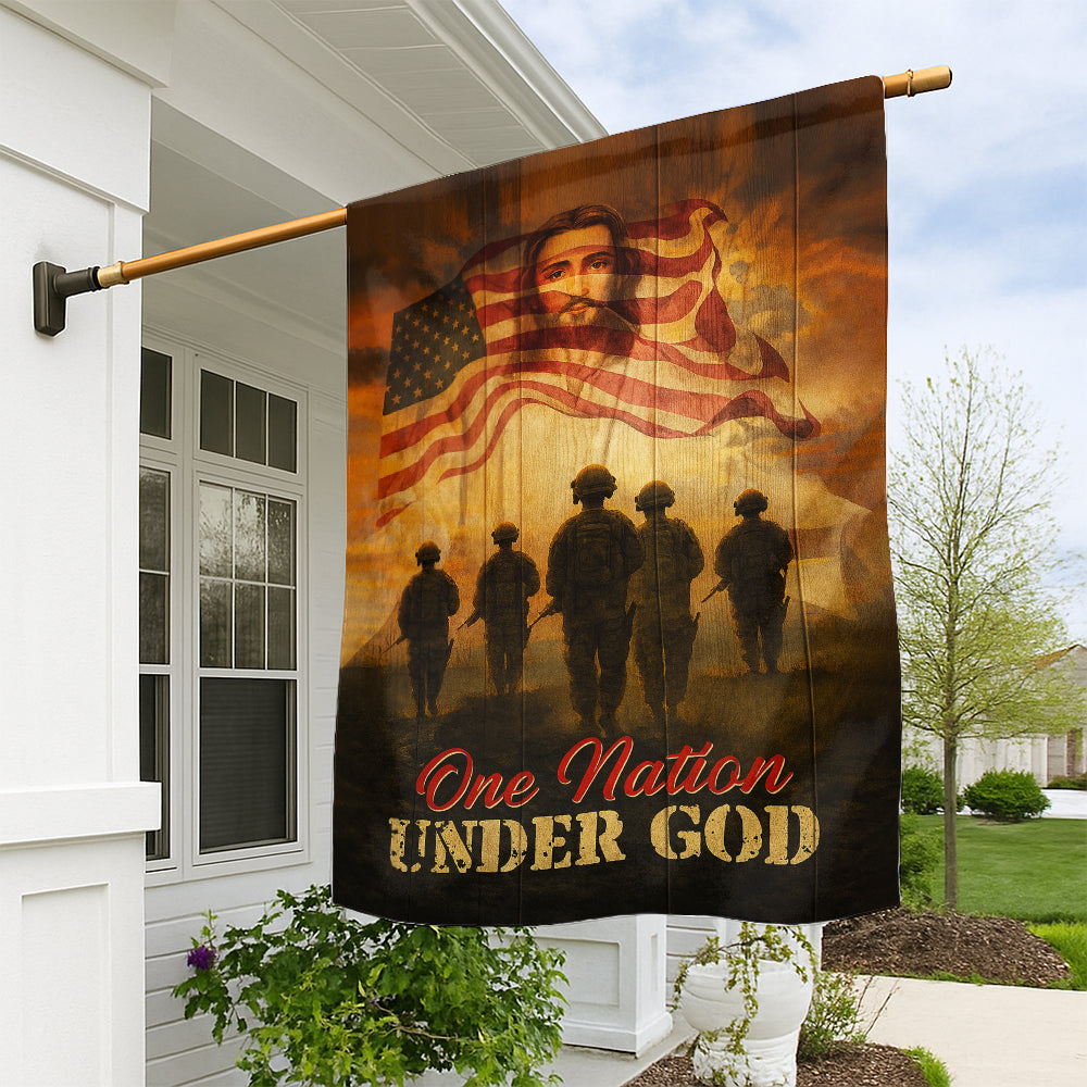 Christian Patriotic Flag - One Nation Under God with Soldiers, Jesus, and American Flag-W080725-14-mk1