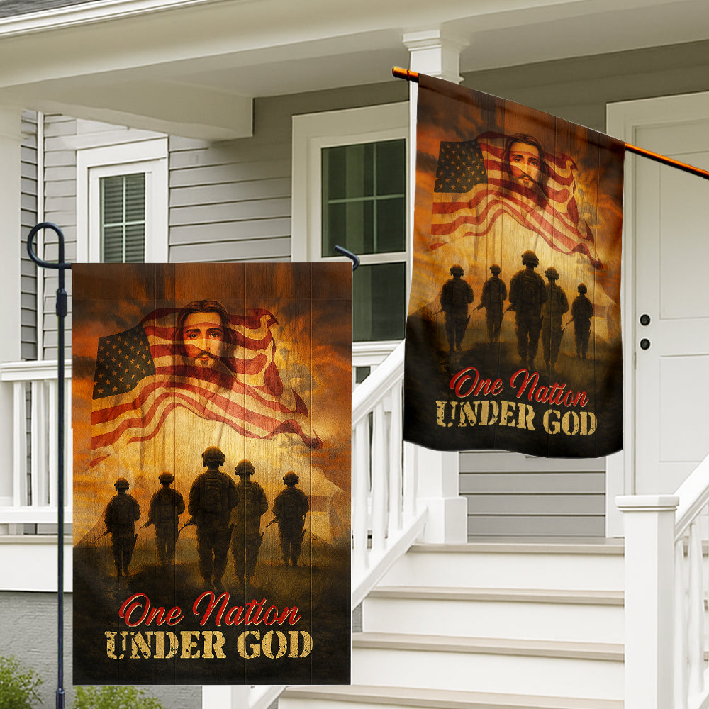 Christian Patriotic Flag - One Nation Under God with Soldiers, Jesus, and American Flag-W080725-14-mk2