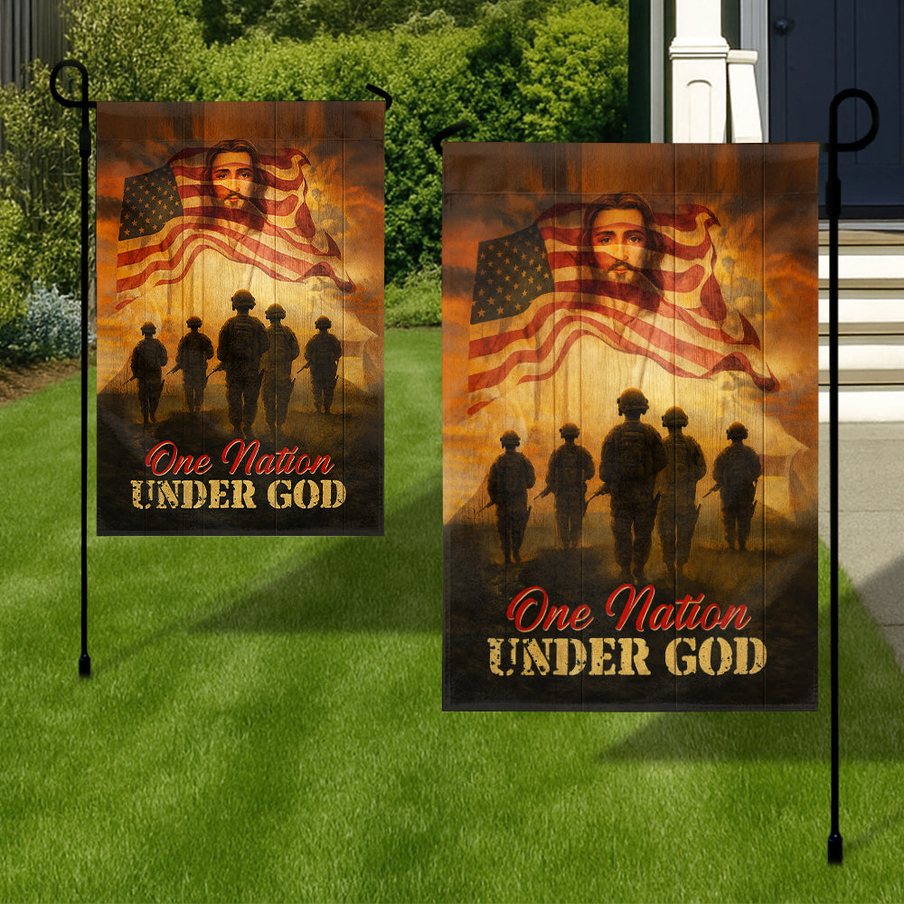 Christian Patriotic Flag - One Nation Under God with Soldiers, Jesus, and American Flag-W080725-14-mk3