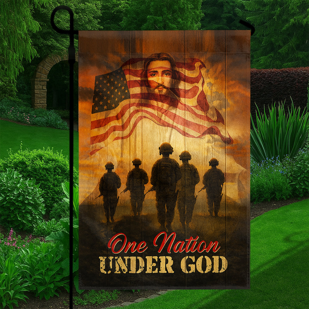 Christian Patriotic Flag - One Nation Under God with Soldiers, Jesus, and American Flag-W080725-14-mk5
