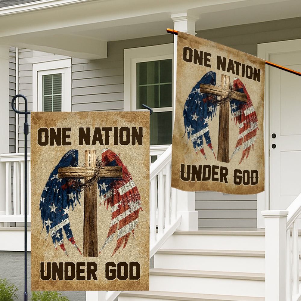 Christian Patriotic Flag - One Nation Under God with Wooden Cross and Flag Wings-W100725-6-mk2