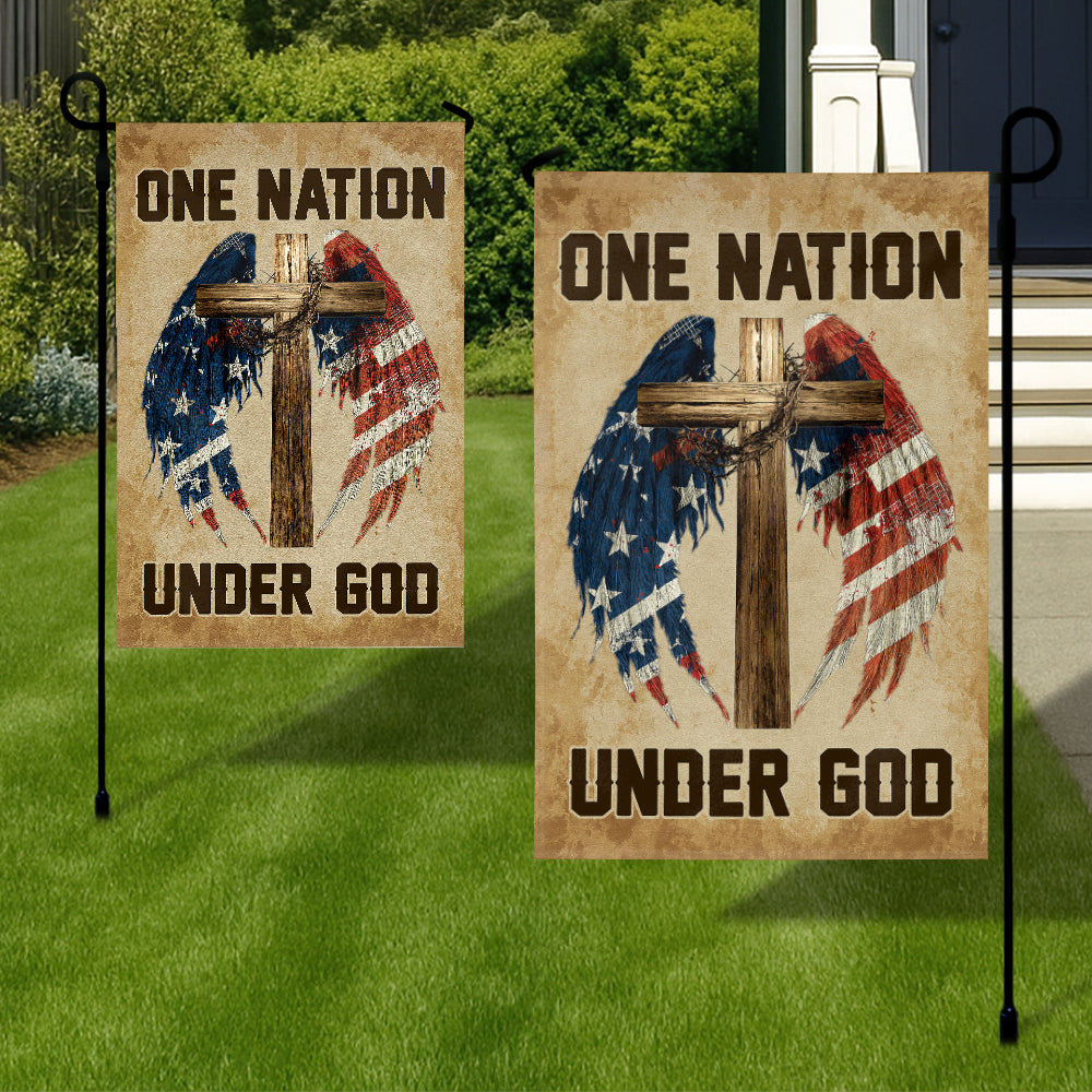 Christian Patriotic Flag - One Nation Under God with Wooden Cross and Flag Wings-W100725-6-mk3