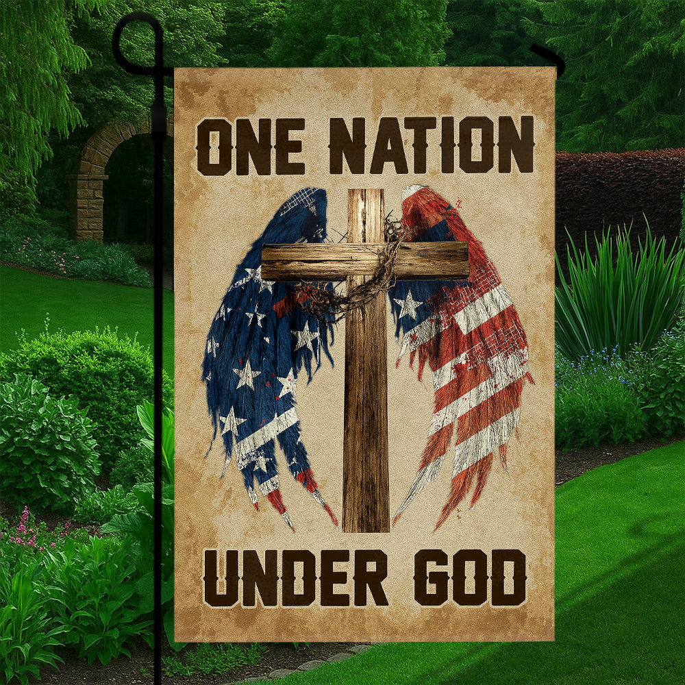 Christian Patriotic Flag - One Nation Under God with Wooden Cross and Flag Wings-W100725-6-mk5
