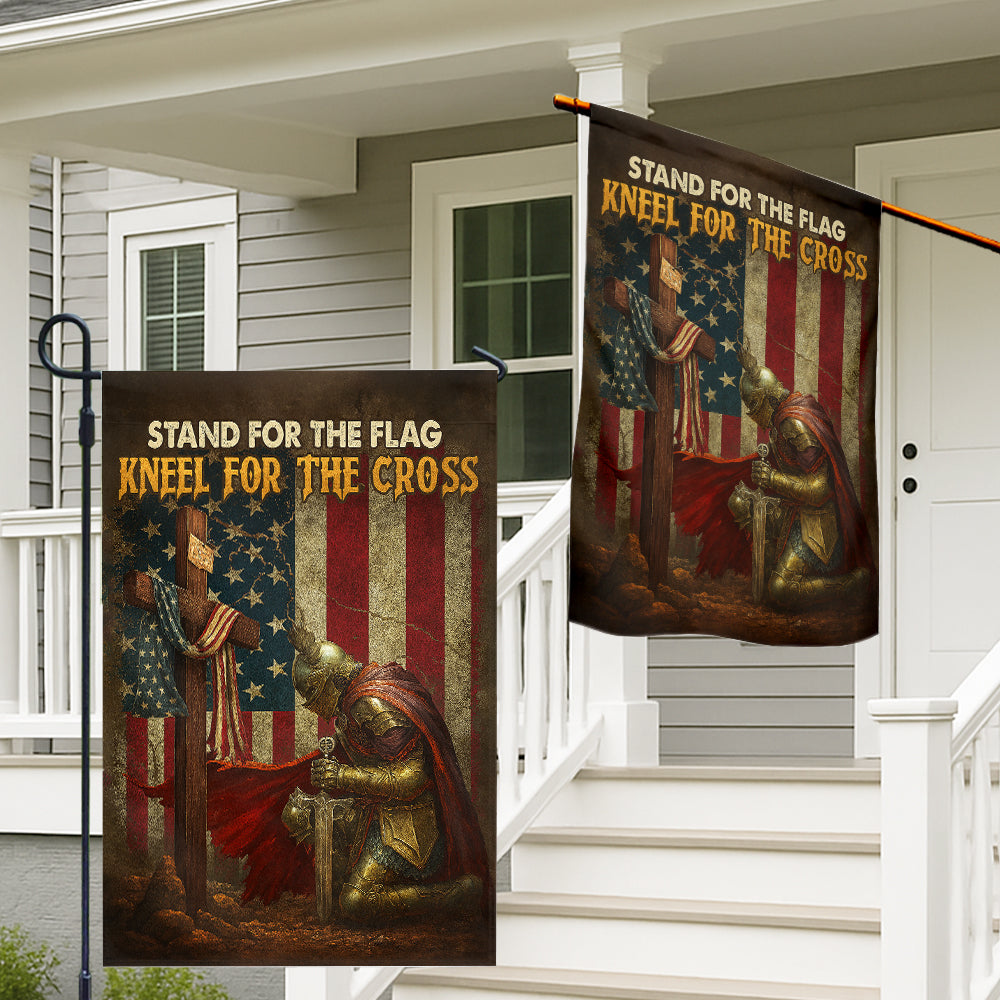 Christian Patriotic Flag - Stand for the Flag, Kneeling Soldier and Cross with U.S. Flag-W100725-5-mk2
