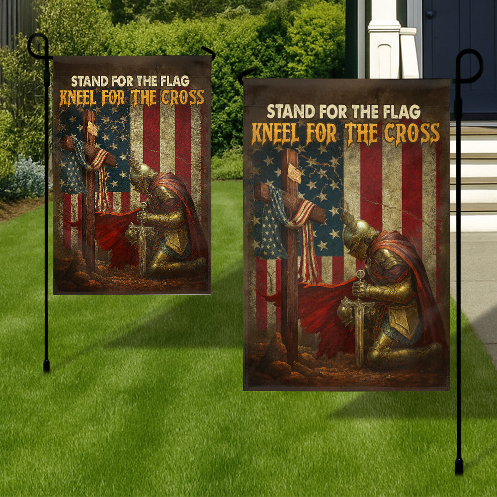 Christian Patriotic Flag - Stand for the Flag, Kneeling Soldier and Cross with U.S. Flag-W100725-5-mk3