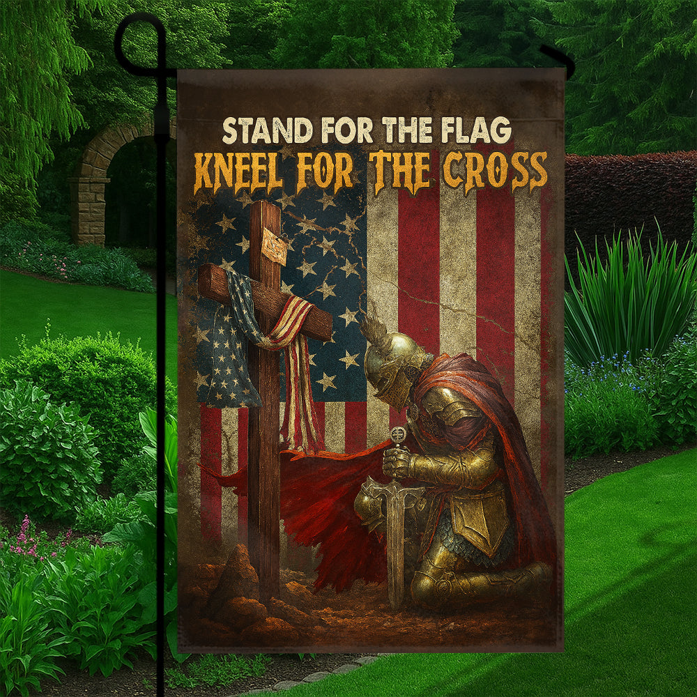 Christian Patriotic Flag - Stand for the Flag, Kneeling Soldier and Cross with U.S. Flag-W100725-5-mk5