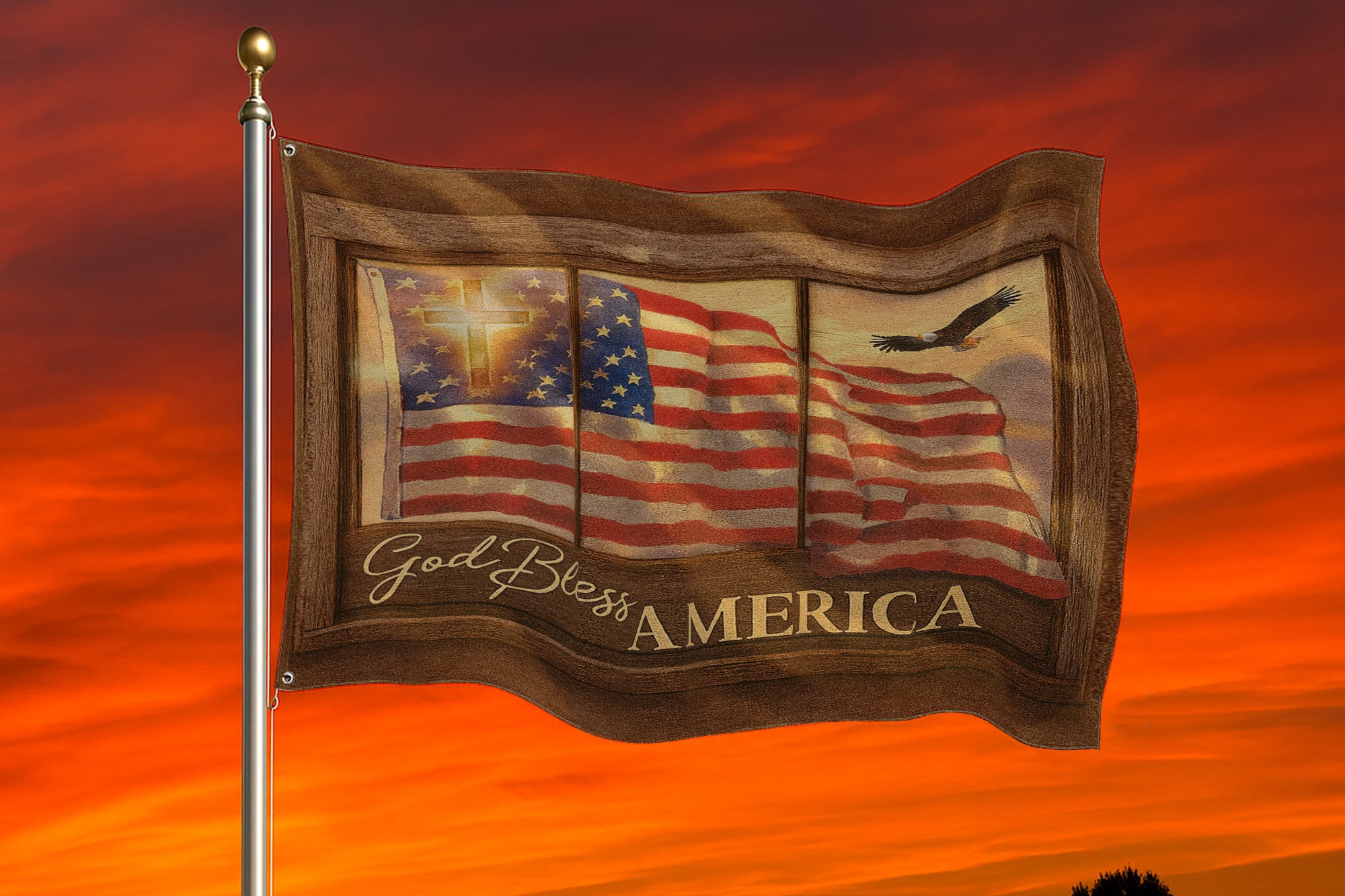 Christian Patriotic House Flag - God Bless America with Cross, Eagle, and American Flag -W080725-11-mk1