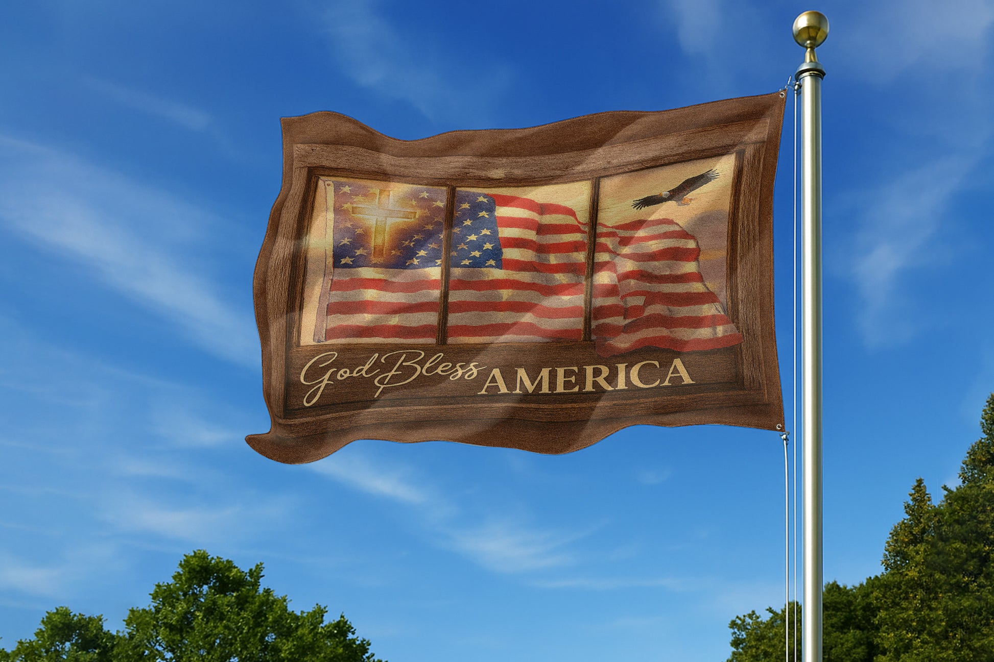 Christian Patriotic House Flag - God Bless America with Cross, Eagle, and American Flag -W080725-11-mk2