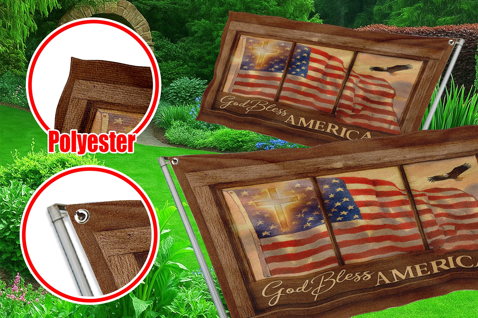 Christian Patriotic House Flag - God Bless America with Cross, Eagle, and American Flag -W080725-11-mk3