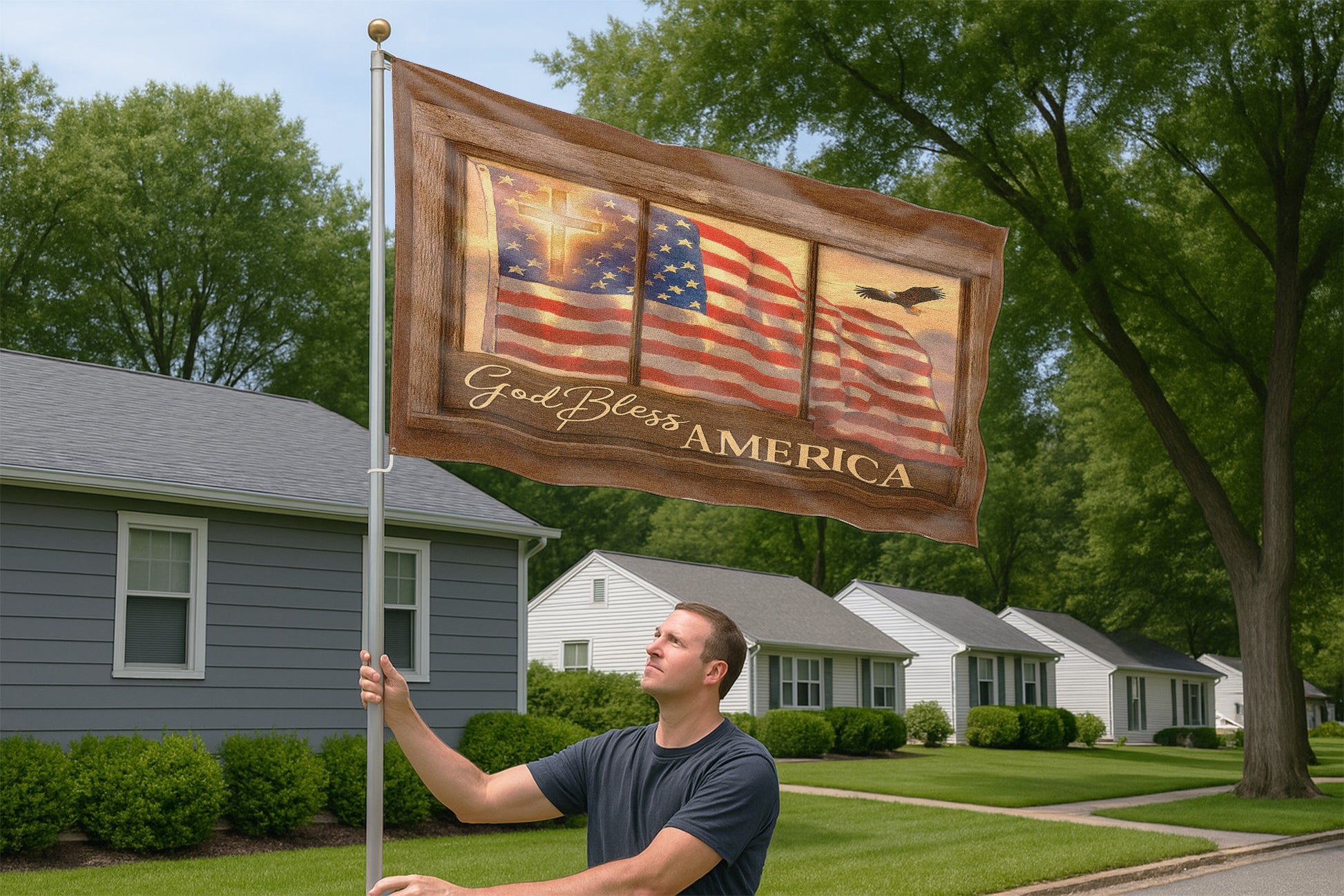 Christian Patriotic House Flag - God Bless America with Cross, Eagle, and American Flag -W080725-11-mk6