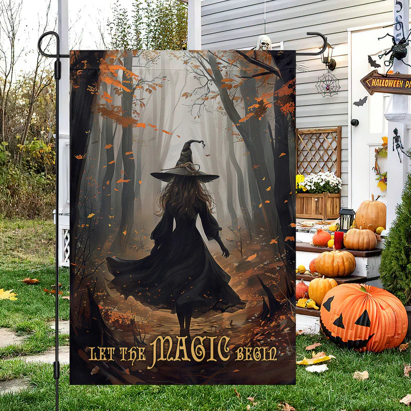 Elegant Halloween Flag - "Let the Magic Begin" Witch Design in Enchanted Forest for Outdoor Fall Decor-W170725-26-mk-1