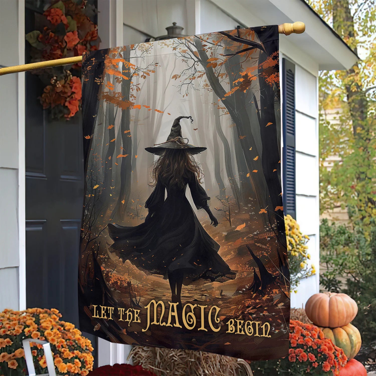 Elegant Halloween Flag - "Let the Magic Begin" Witch Design in Enchanted Forest for Outdoor Fall Decor-W170725-26-mk-2