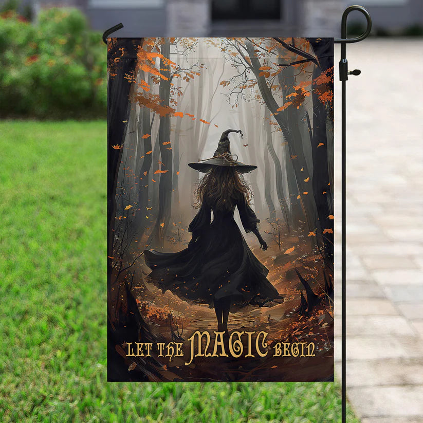 Elegant Halloween Flag - "Let the Magic Begin" Witch Design in Enchanted Forest for Outdoor Fall Decor-W170725-26-mk-3
