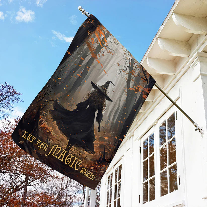 Elegant Halloween Flag - "Let the Magic Begin" Witch Design in Enchanted Forest for Outdoor Fall Decor-W170725-26-mk-4