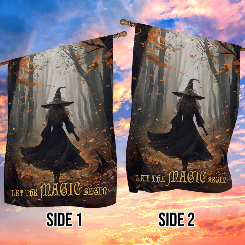 Elegant Halloween Flag - "Let the Magic Begin" Witch Design in Enchanted Forest for Outdoor Fall Decor-W170725-26-mk-5